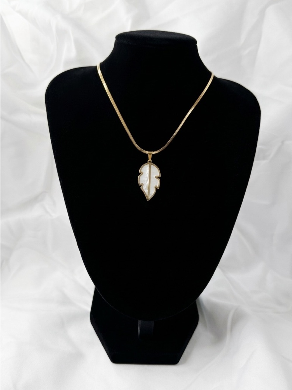 Gold Leaf Pendant Necklace with White Mother-of-Pearl Inlay